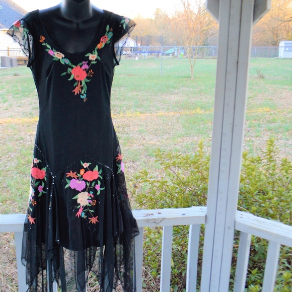 black dress with bright flowers